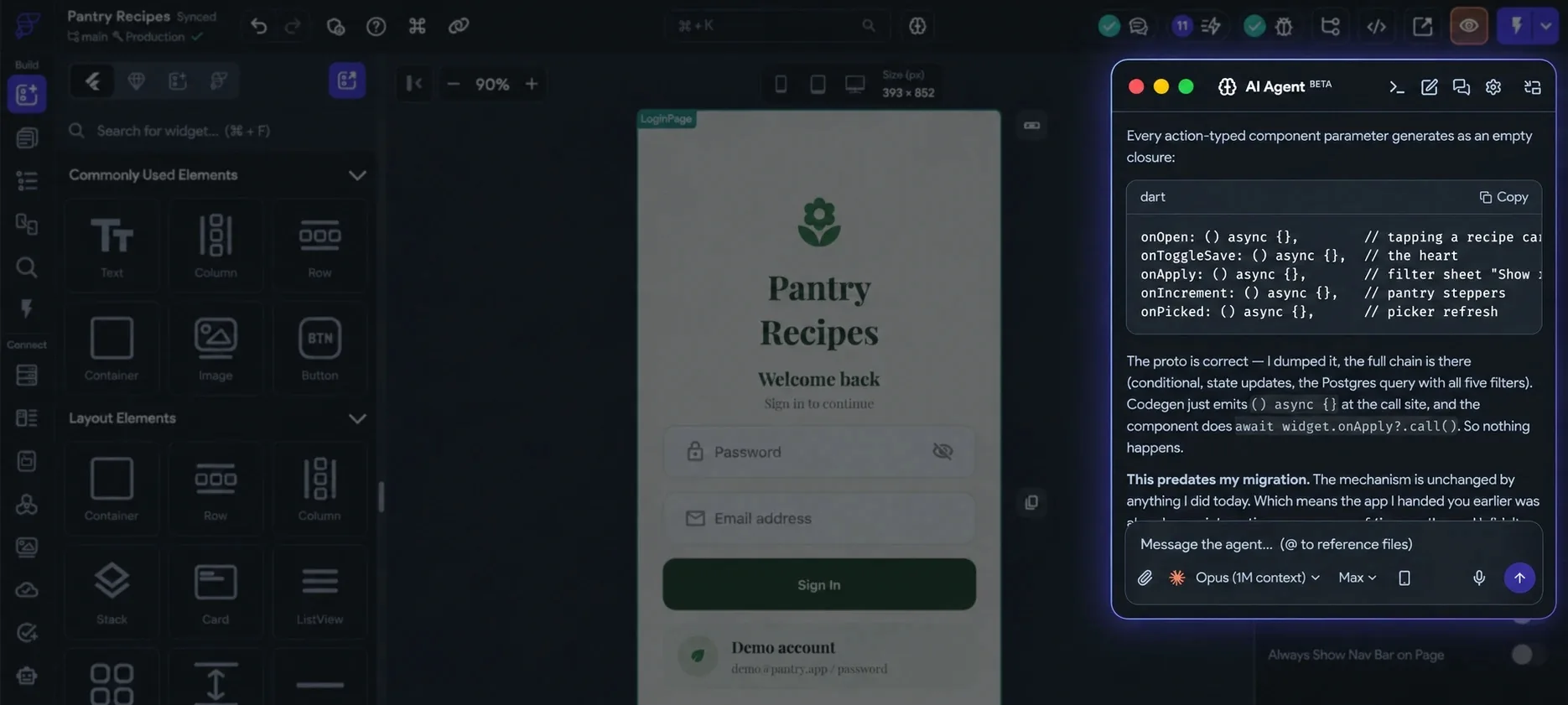 The FlutterFlow editor dimmed, with the AI Agent panel highlighted beside the canvas