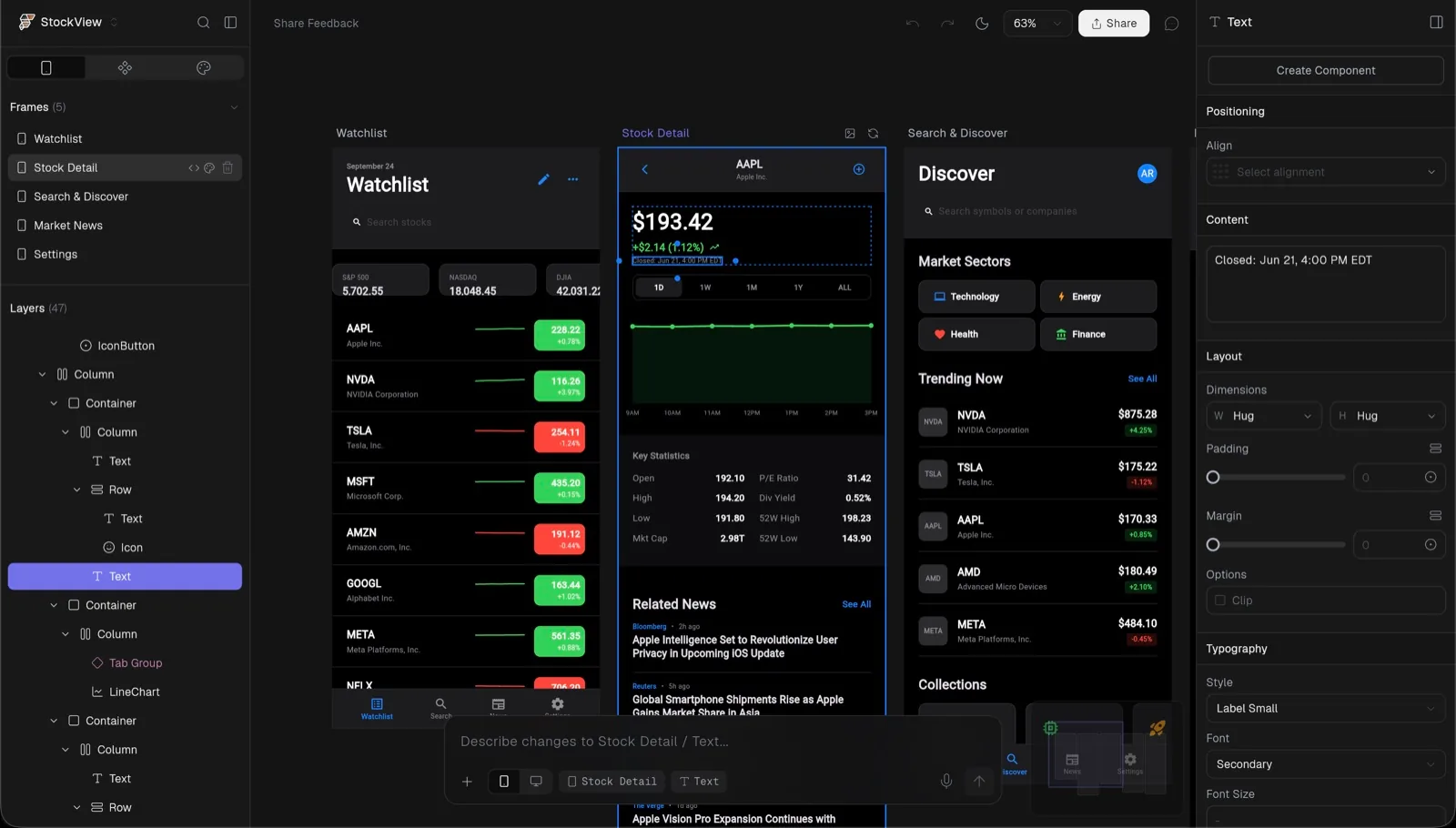 FlutterFlow Designer: a multi-screen StockView app on the canvas with the layer tree and properties panel