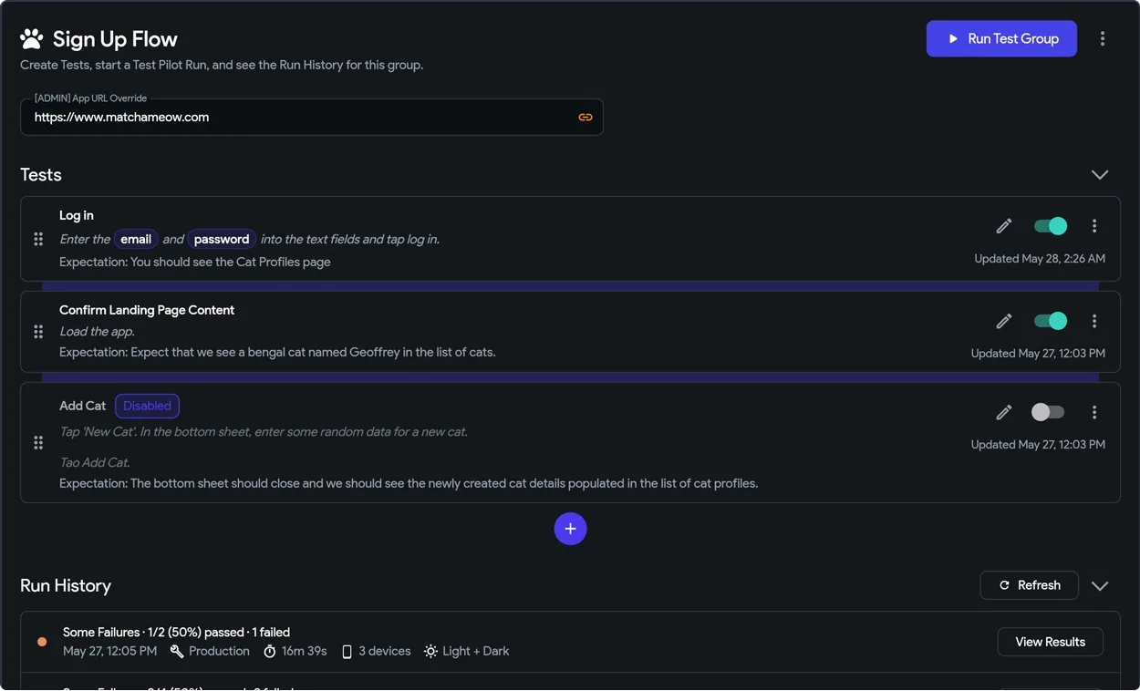 Test Pilot: the Sign Up Flow test group with three plain-English tests and the run history