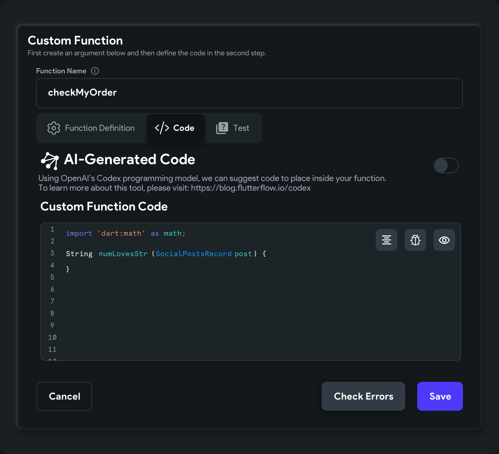 Custom Functions allows you to build onto your Flutterflow application with code.