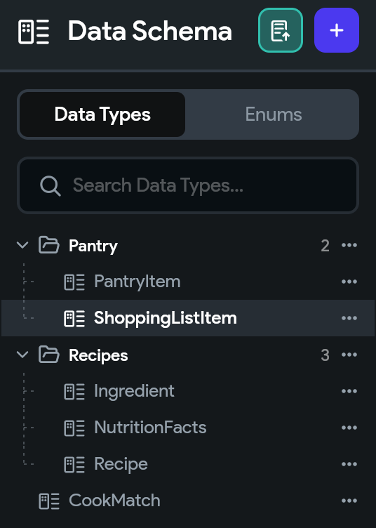 Data Schema sidebar with Pantry and Recipes folders containing Data Types such as PantryItem, Ingredient, and Recipe.