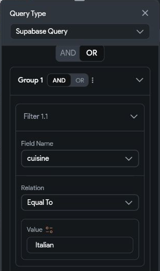 Supabase query editor showing an AND filter group within an outer OR condition, with cuisine equal to Italian.