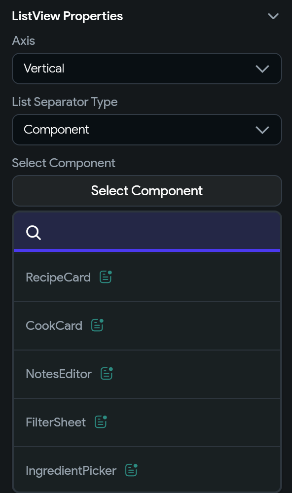 ListView Properties with List Separator Type set to Component and a component picker listing RecipeCard, CookCard, and other components.