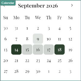 Modern Calendar for September 2026 with September 14 through 18 selected.
