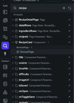 Project Search results for recipe, with RecipeCard expanded to show its usage on BrowsePage.