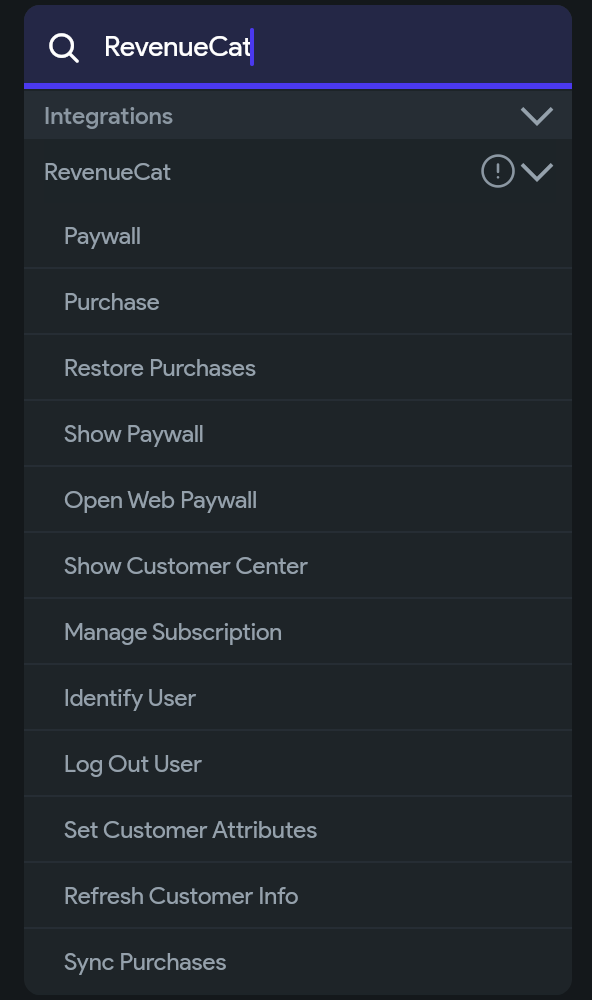 Action picker filtered to RevenueCat, listing actions from Paywall and Purchase to Show Customer Center, Identify User, and Sync Purchases.