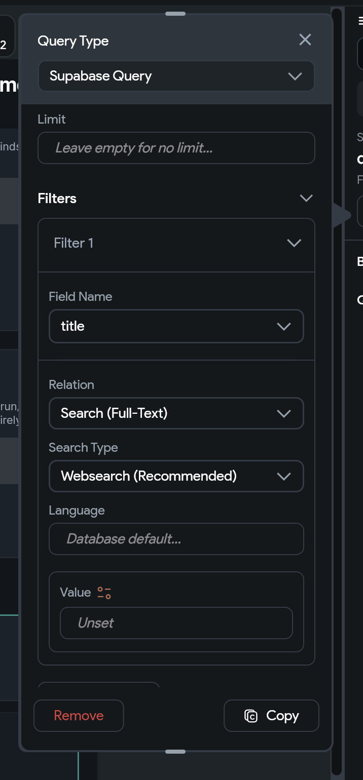 Supabase query filter configured for full-text search using the Websearch search type