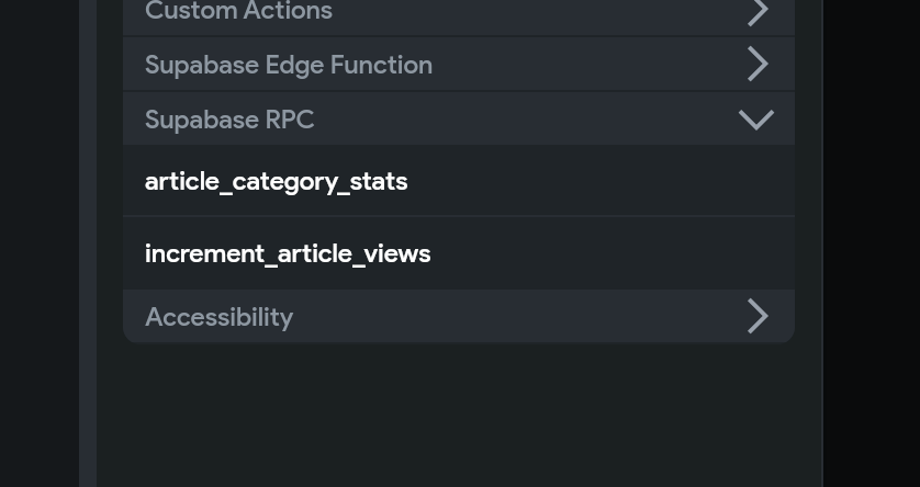 Supabase RPC section showing synced article category stats and increment article views functions