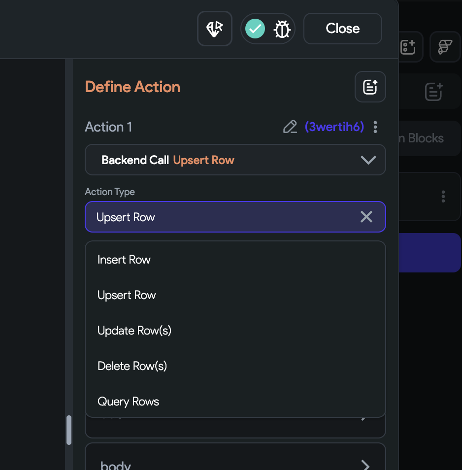 Supabase Upsert Row selected in the Backend Call action type menu
