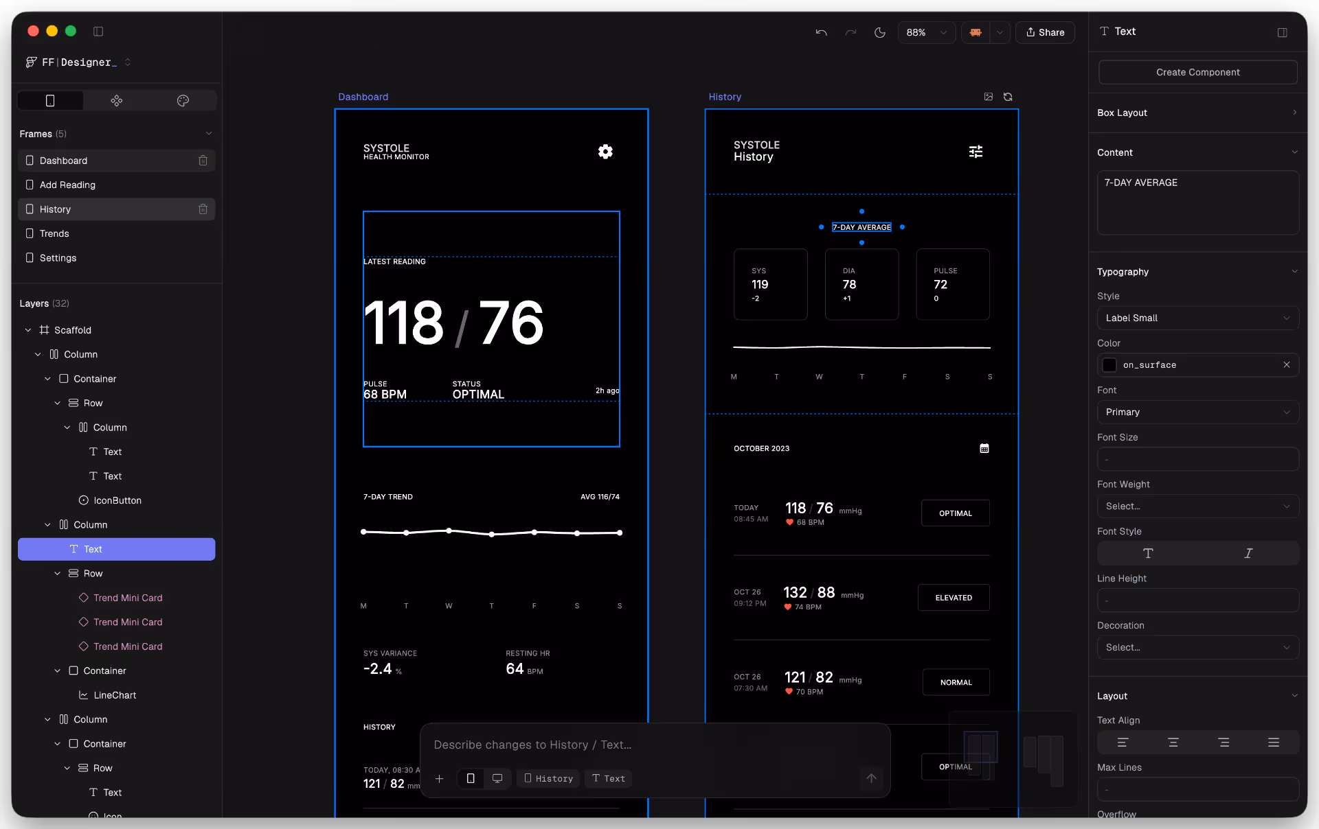 Designer visual canvas showing multi-screen app prototype with component library and properties panel