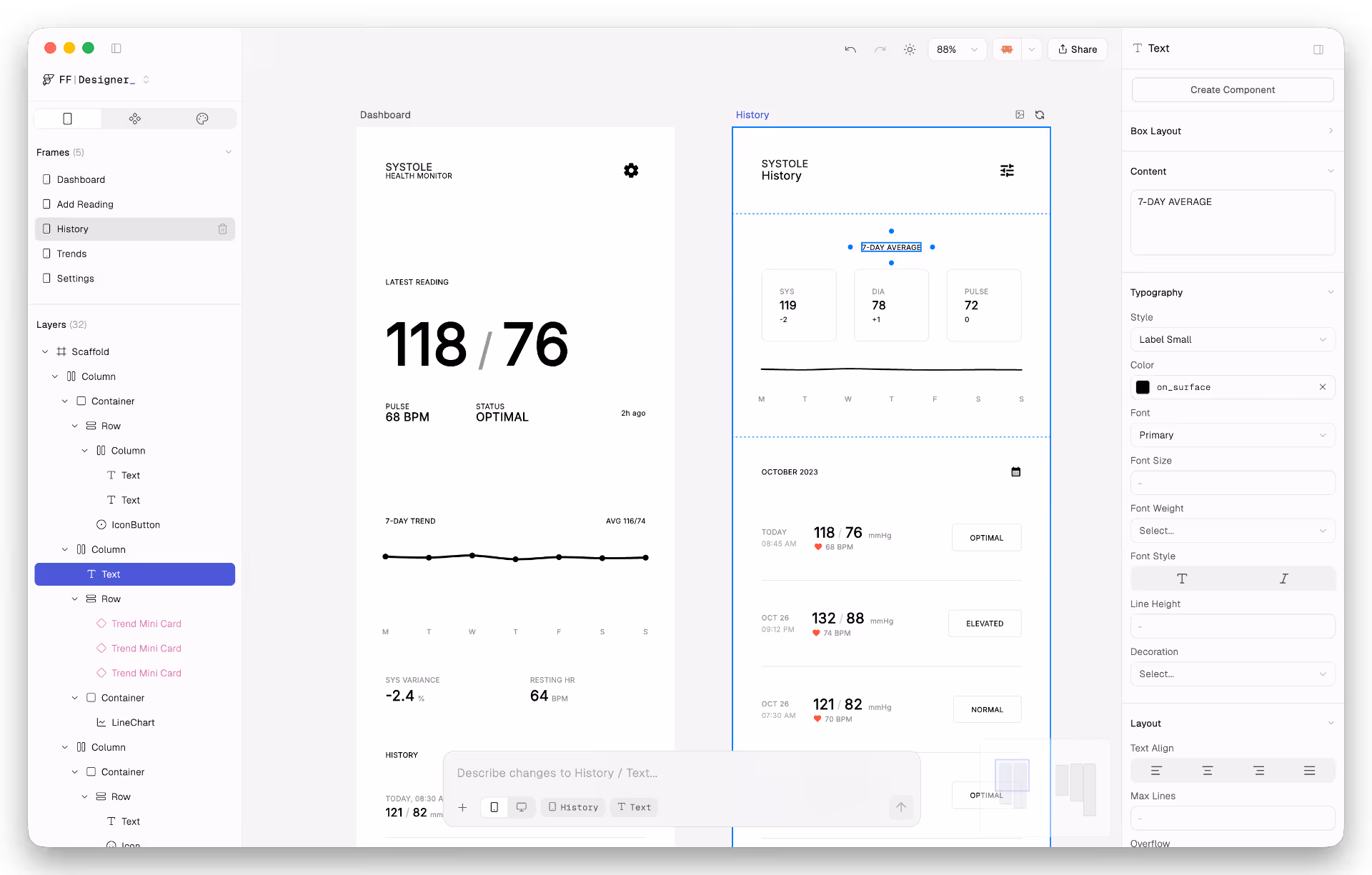 Designer visual canvas showing multi-screen app prototype with component library and properties panel